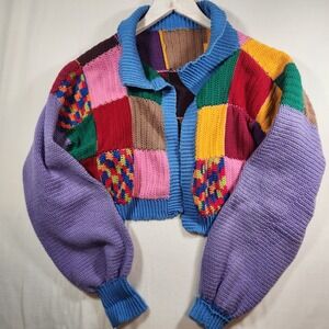 Handmade Crochet Patchwork Cardigan Cropped Multi Color Boho Sweater